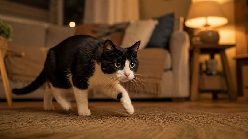 Restless black and white cat pacing across a living room rug with wide pupils