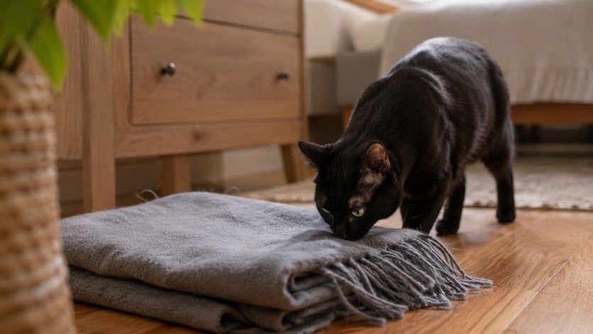 Black cat sniffing a folded blanket that has been placed on the floor of her room