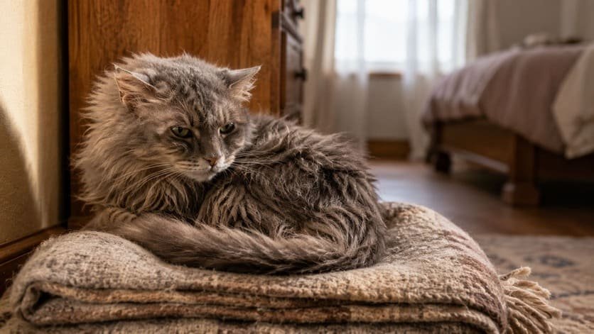 Older gray longhaired female cat resting on a folded blanket, looking away with a guarded expression