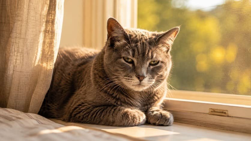 Senior gray cat with cloudy eyes resting on a sunlit windowsill at home