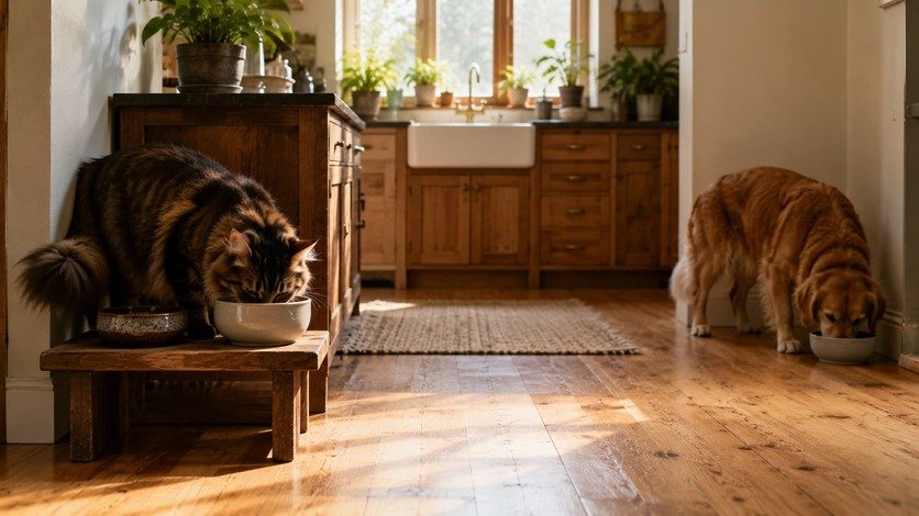 Maine Coon cat eating from a raised bowl on a counter while a dog eats from a bowl on the floor across the kitchen