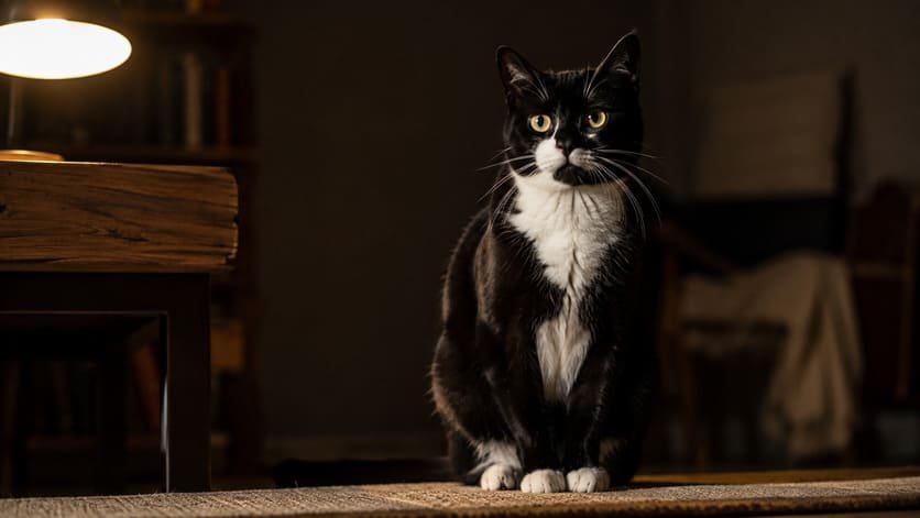 Black and white tuxedo cat sitting alertly in a dim room