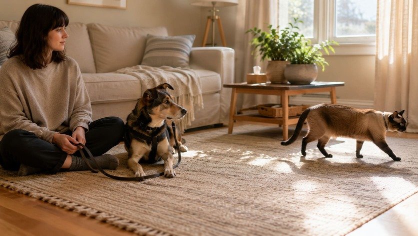 Person sitting on the floor holding a dog on a visibly slack lead while a cat walks past at a distance