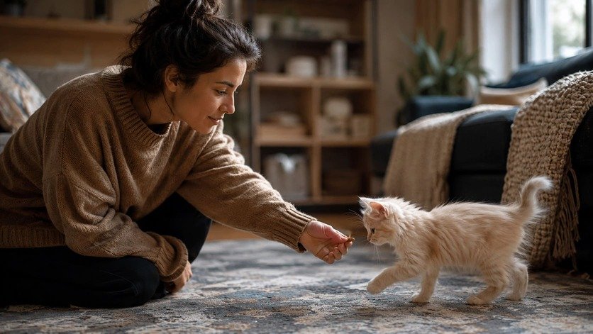 Woman crouching to offer a treat to a cream kitten in a sunlit living room