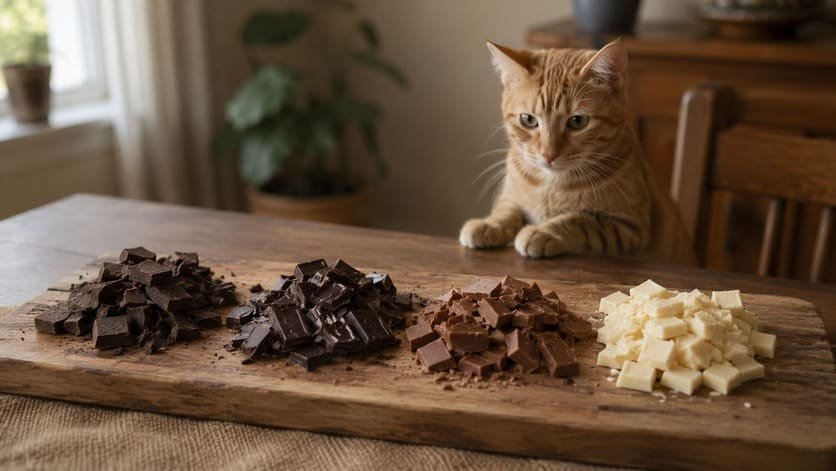 Baking, dark, milk and white chocolate arranged on a wooden board with a cat watching