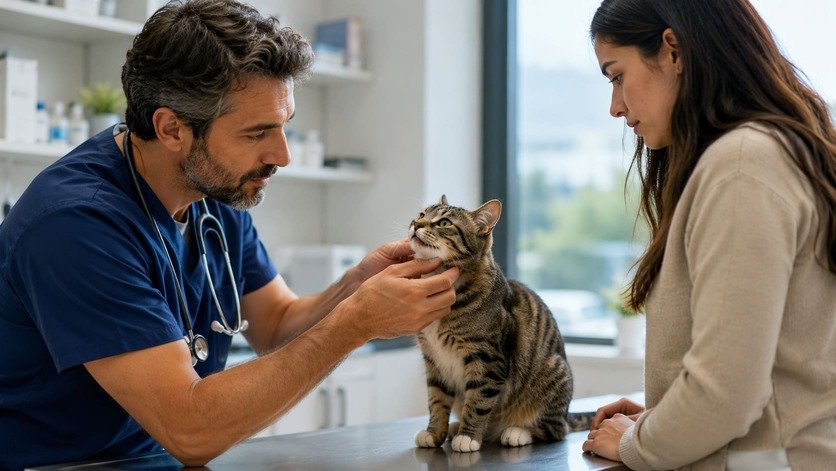 Veterinarian discussing a cat's weight and calorie needs with an owner in a clinic
