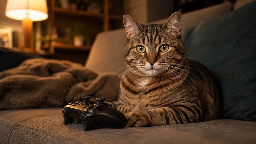 Tabby cat sitting next to a game controller on a couch