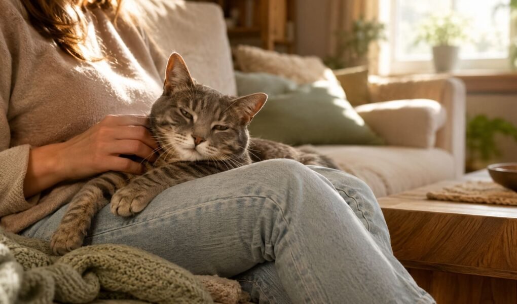 Gray tabby female cat resting on a woman's lap in a sunlit living room while being petted