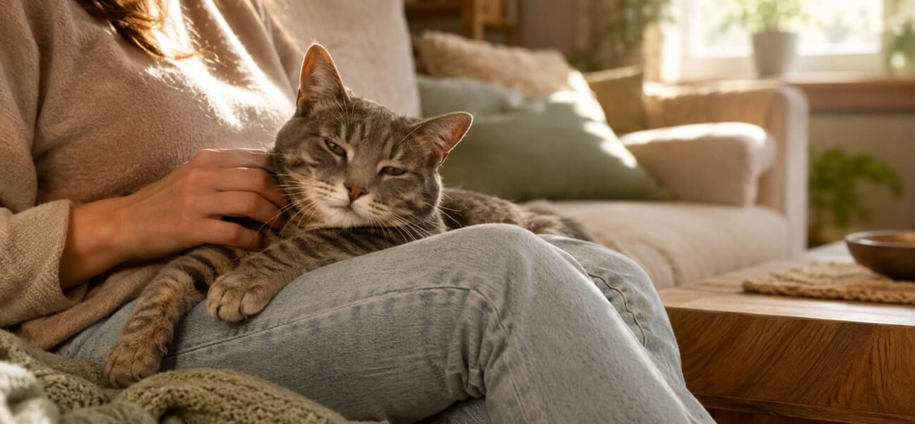 Gray tabby female cat resting on a woman's lap in a sunlit living room while being petted