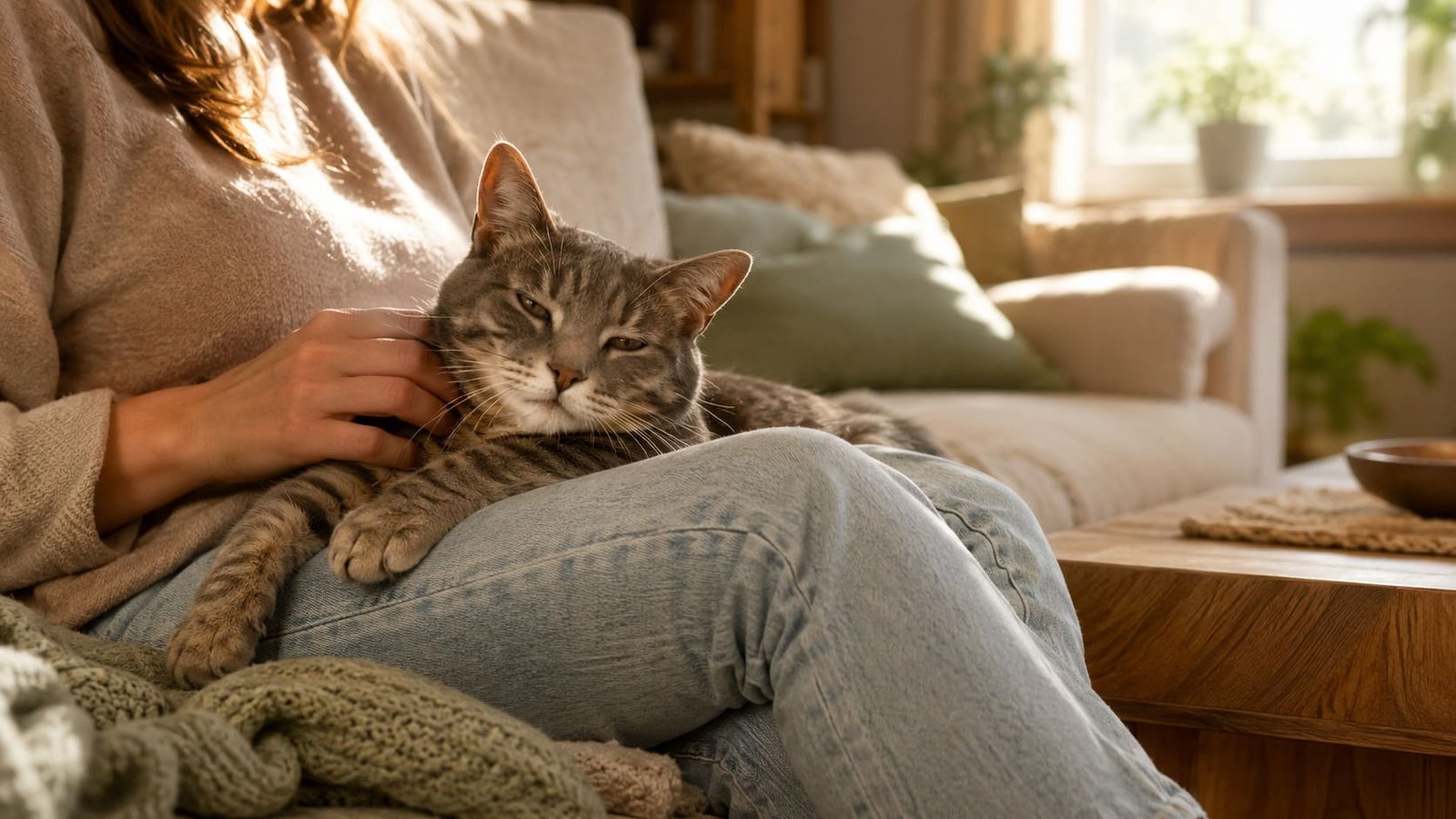 Gray tabby female cat resting on a woman's lap in a sunlit living room while being petted