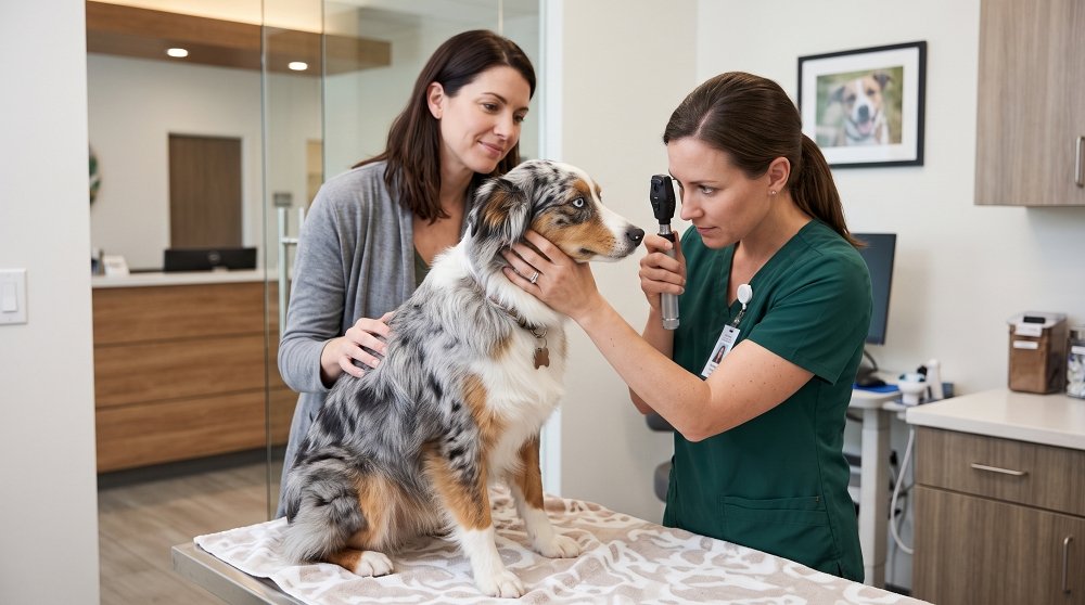Australian Shepherd getting eye exam at a veterinary clinic
