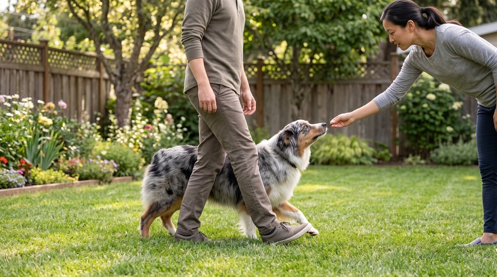 Australian Shepherd obedience training in a backyard with owners