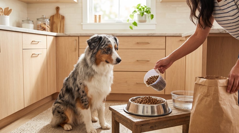 Australian Shepherd waiting for food bowl in a kitchen