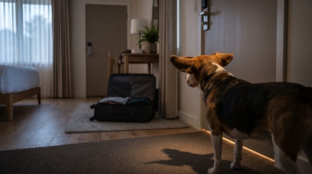 Beagle dog barking at a hotel room door near an open suitcase