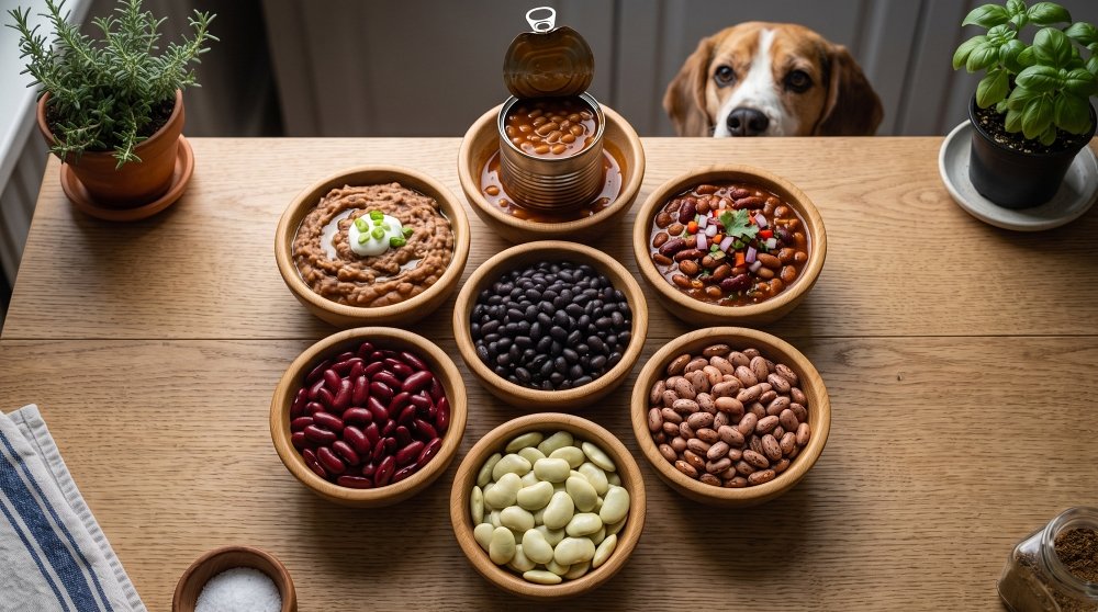 Beagle peeking over a table with bowls of cooked, refried, and canned baked beans