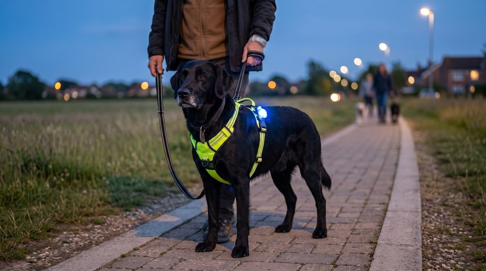 Black Labrador retriever wearing a high-visibility LED safety harness on an evening walk