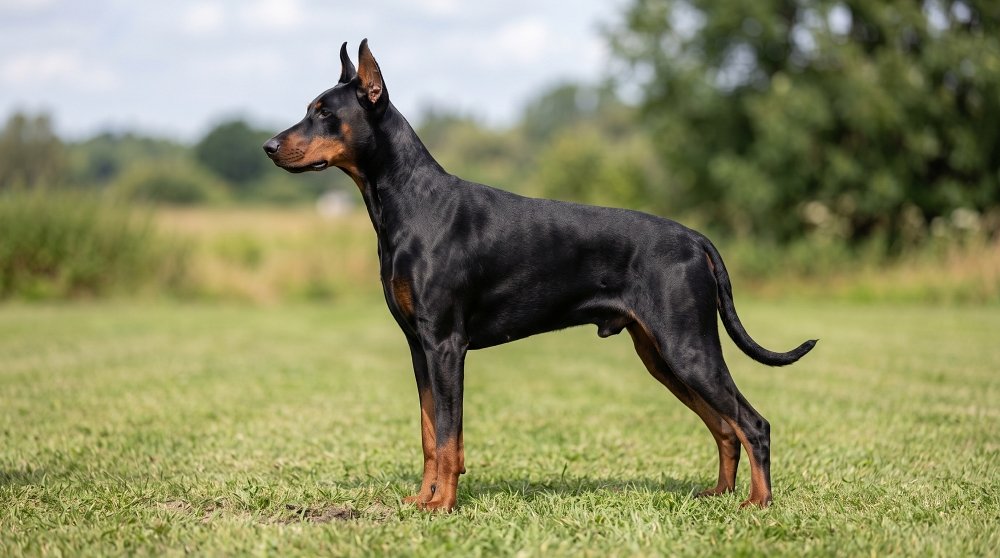 Black and tan Doberman Pinscher dog standing outdoors