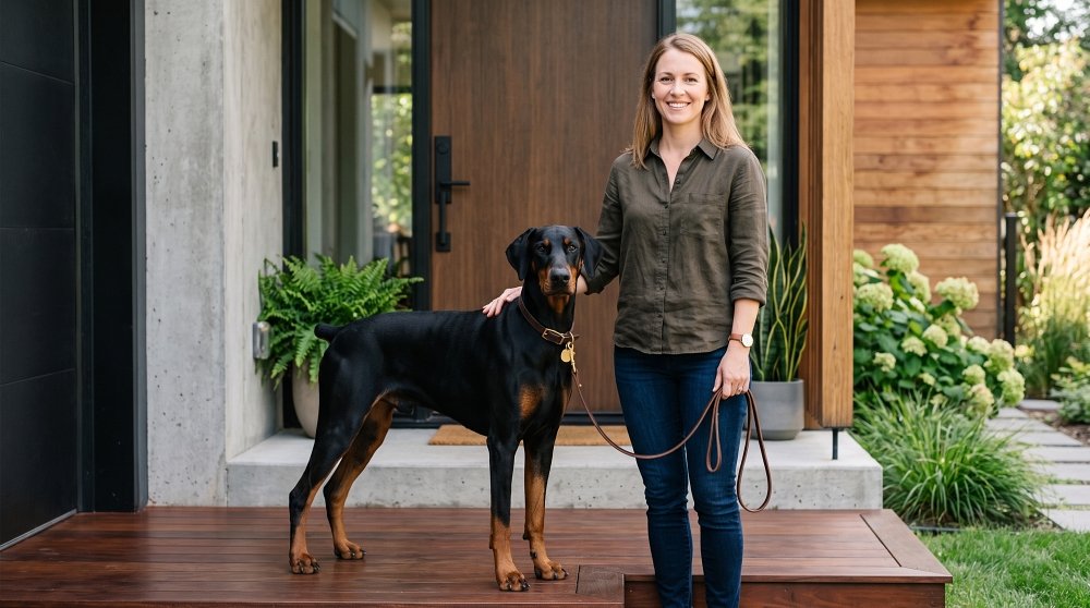 Black and tan Doberman Pinscher standing with owner on porch