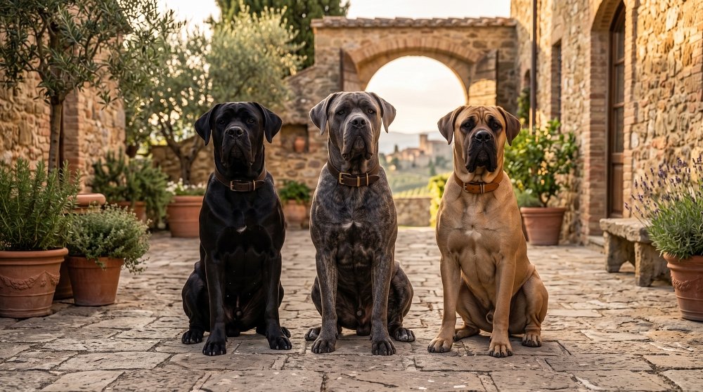 Black, brindle, and fawn Cane Corso mastiffs in a courtyard