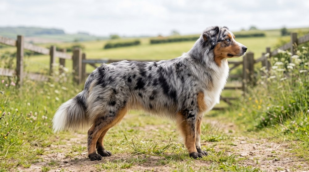 Blue merle Australian Shepherd standing outdoors in a field