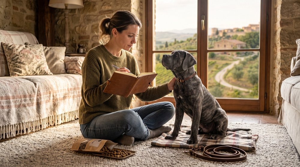 Brindle Cane Corso puppy sitting with owner indoors