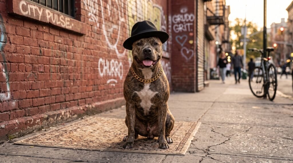 Brindle pitbull wearing a fedora hat and gold chain sitting on a sidewalk rug