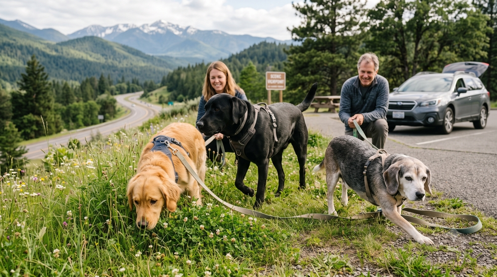 Couple walking three dogs on leashes at a mountain scenic overlook during a road trip