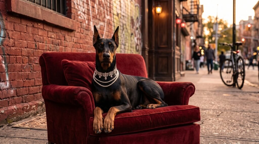 Doberman pinscher wearing a pearl necklace sitting on a vintage red velvet armchair on a city sidewalk