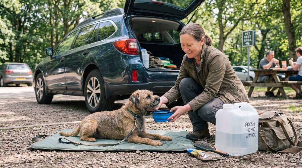 Dog drinking fresh water at a roadside pet rest area with SUV