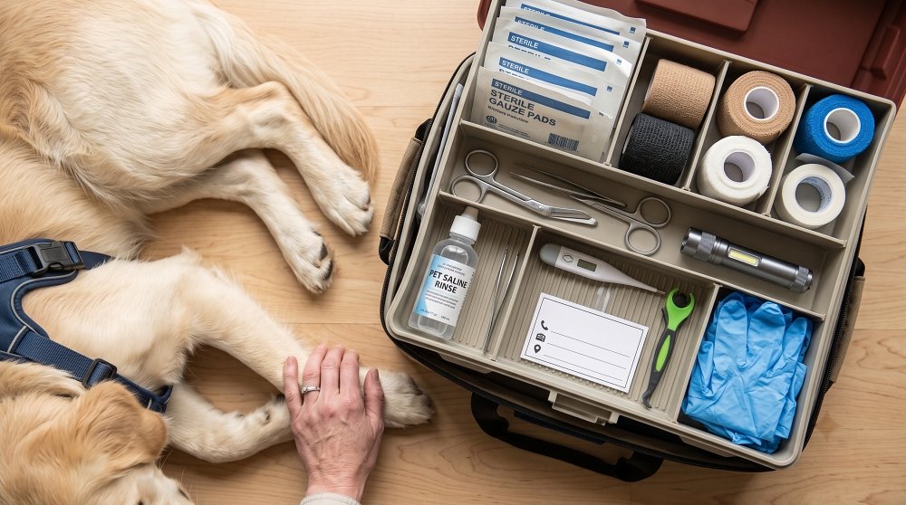 Dog first aid kit essentials with medical supplies for pets