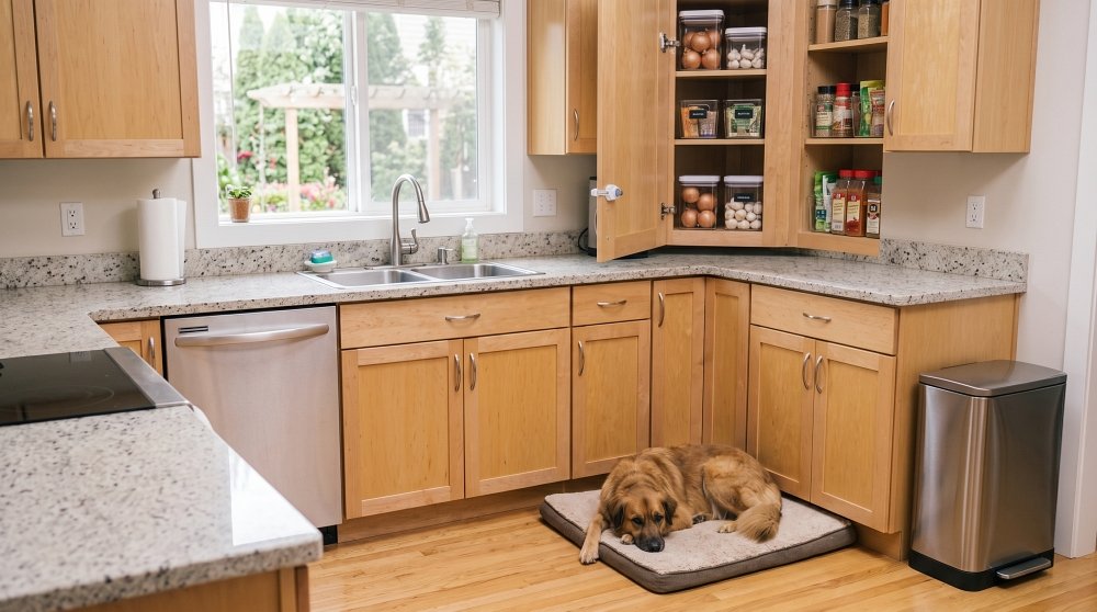 Dog lying down in kitchen below securely stored pantry ingredients