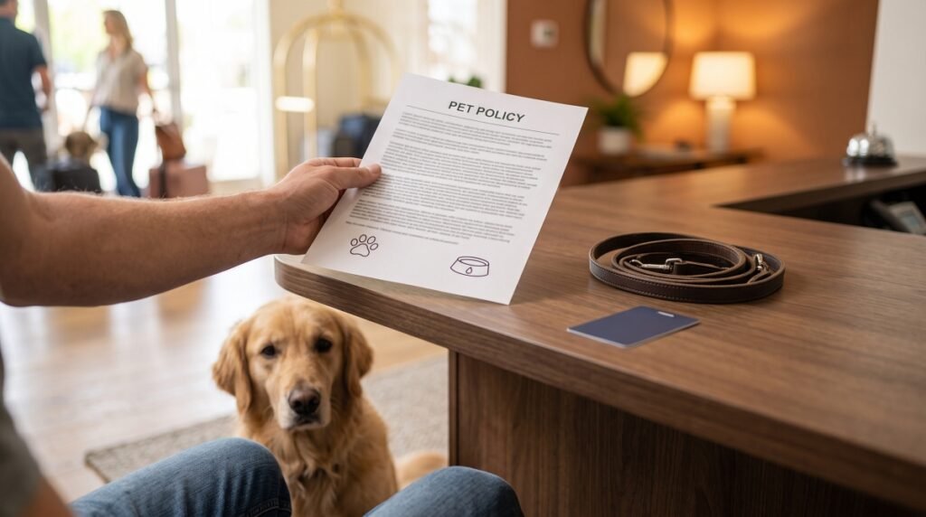 Dog owner reviewing a hotel pet policy form with a golden retriever at check-in