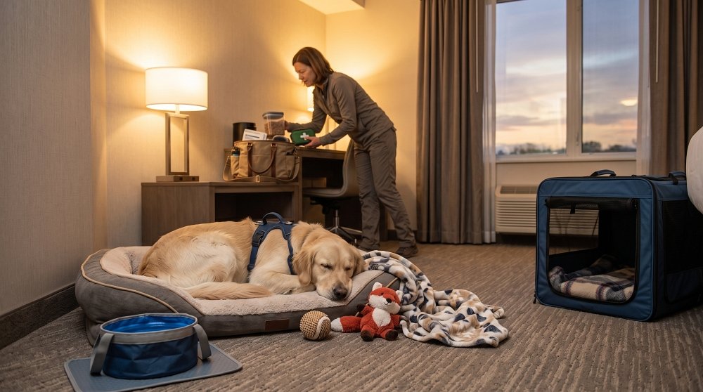 Dog sleeping in pet-friendly hotel room with travel crate