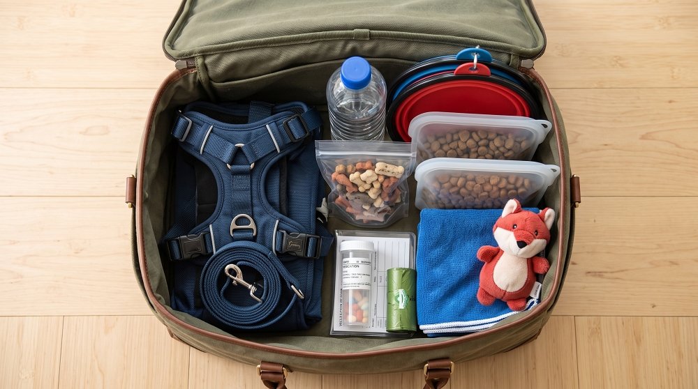 Dog travel essentials and packing checklist inside an open tote bag