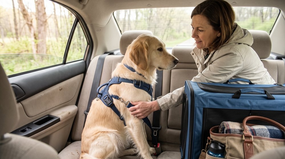 Fastening dog car seatbelt harness for safe pet travel
