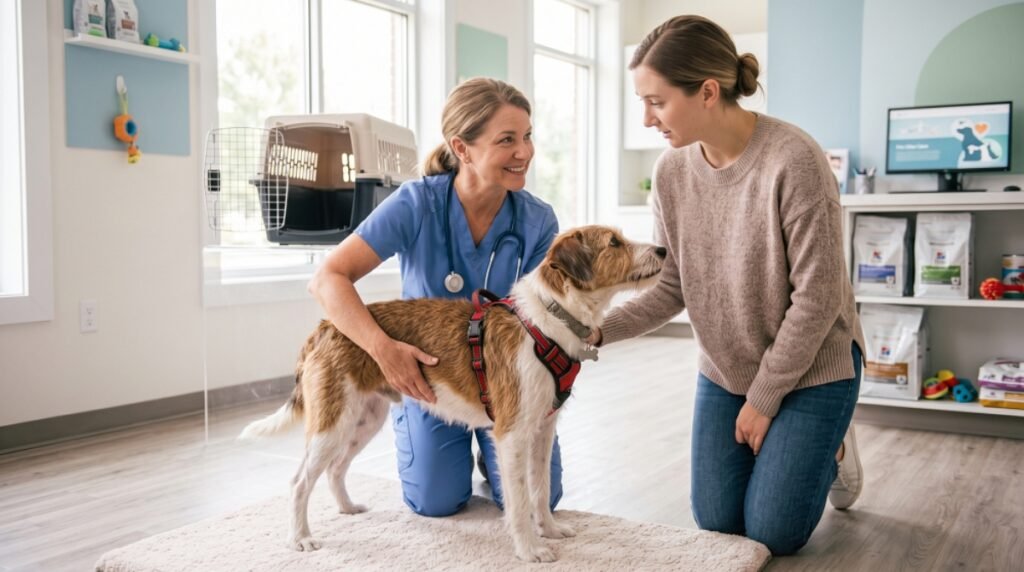 Female veterinarian in blue scrubs examining a scruffy dog with owner at clinic