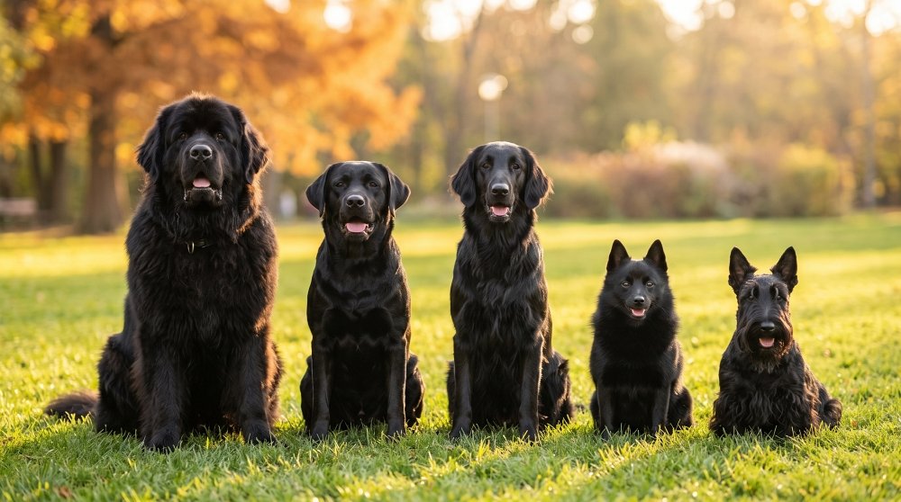 Five different black dog breeds sitting in a line on grass sorted by size