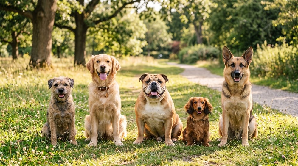 Five diverse dog breeds sitting side by side along a sunny park trail