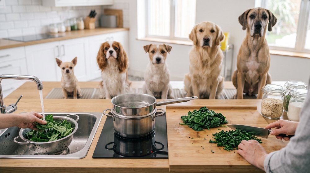 Five dogs lined up watching a person prepare and steam fresh spinach on a kitchen counter