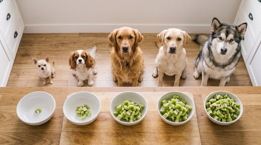 Five dogs of different breeds and sizes waiting behind bowls with proportional kiwi portions on a wooden counter