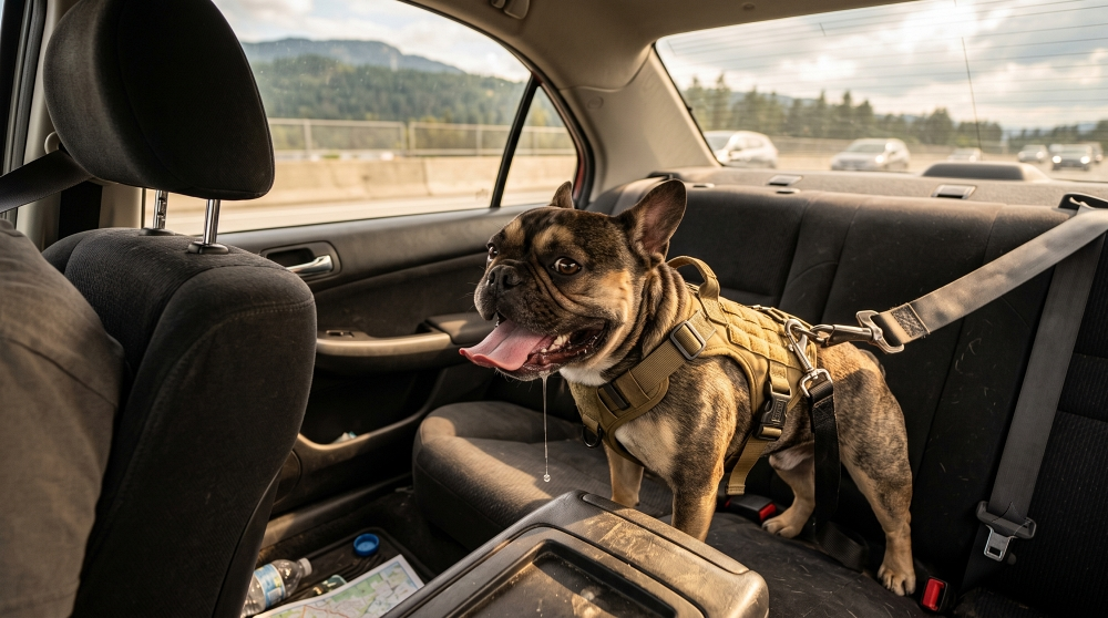 French Bulldog wearing a safety harness panting in the back seat of a car