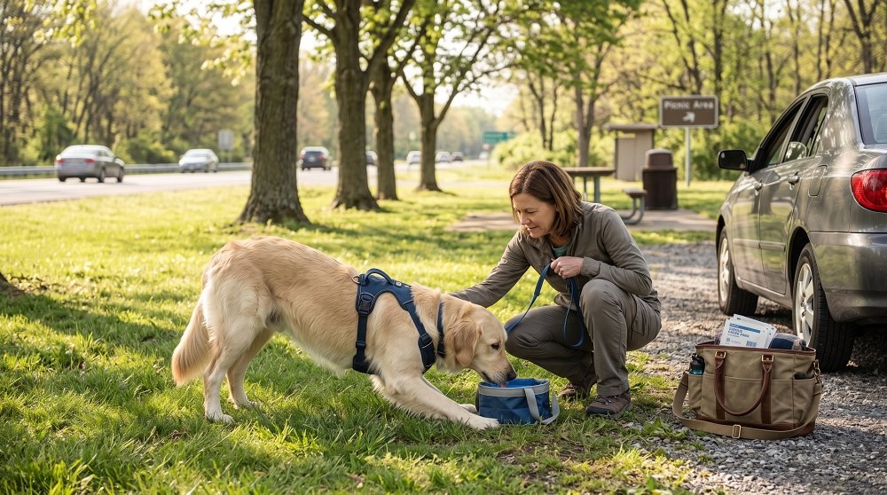Golden Retriever drinking water during roadside travel stop