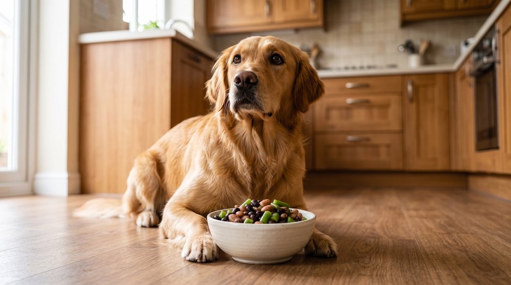 Golden Retriever lying on a kitchen floor in front of a bowl of mixed beans and green beans