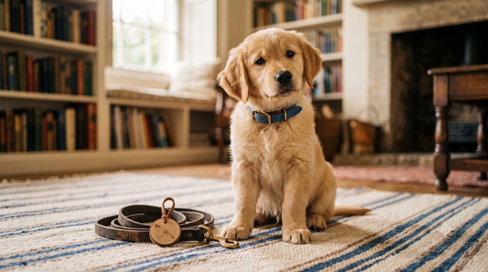 Golden Retriever puppy sitting next to a leather leash on a living room rug