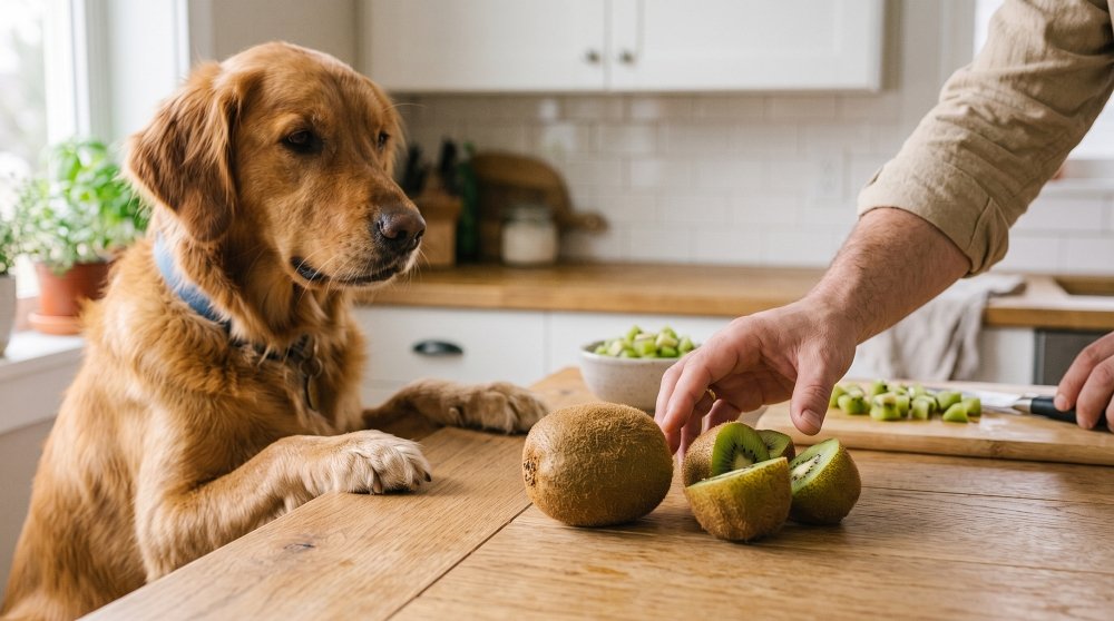 Golden Retriever watching closely as a person prepares fresh kiwi slices on a wooden kitchen counter
