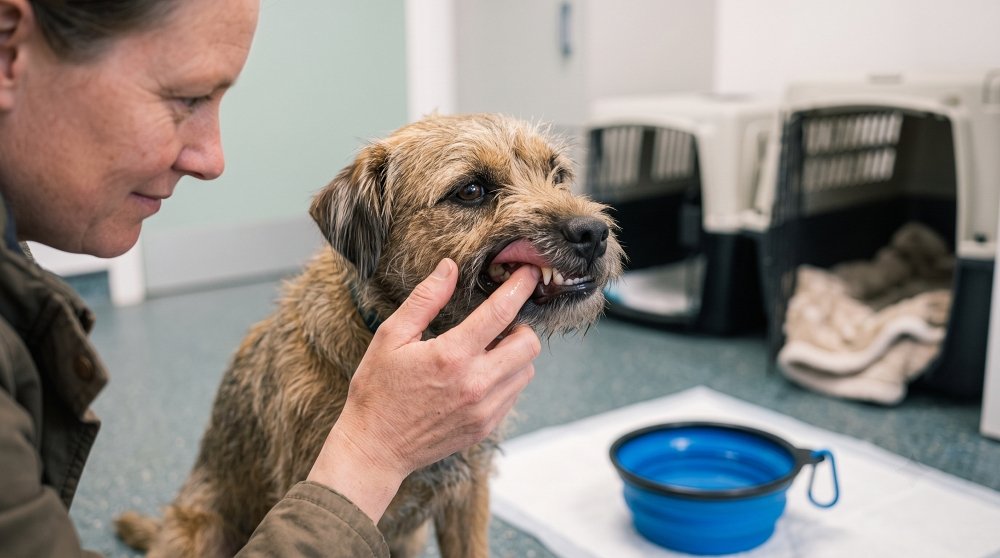 Inspecting dog gums and teeth for pet health check