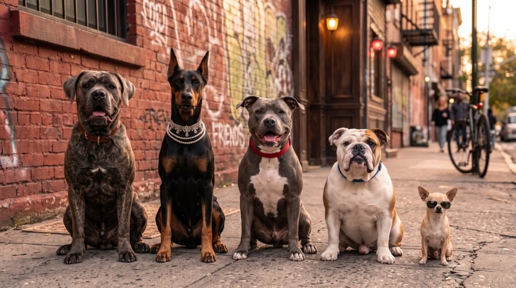 Line of various dog breeds sitting on an urban sidewalk including a tiny chihuahua in sunglasses