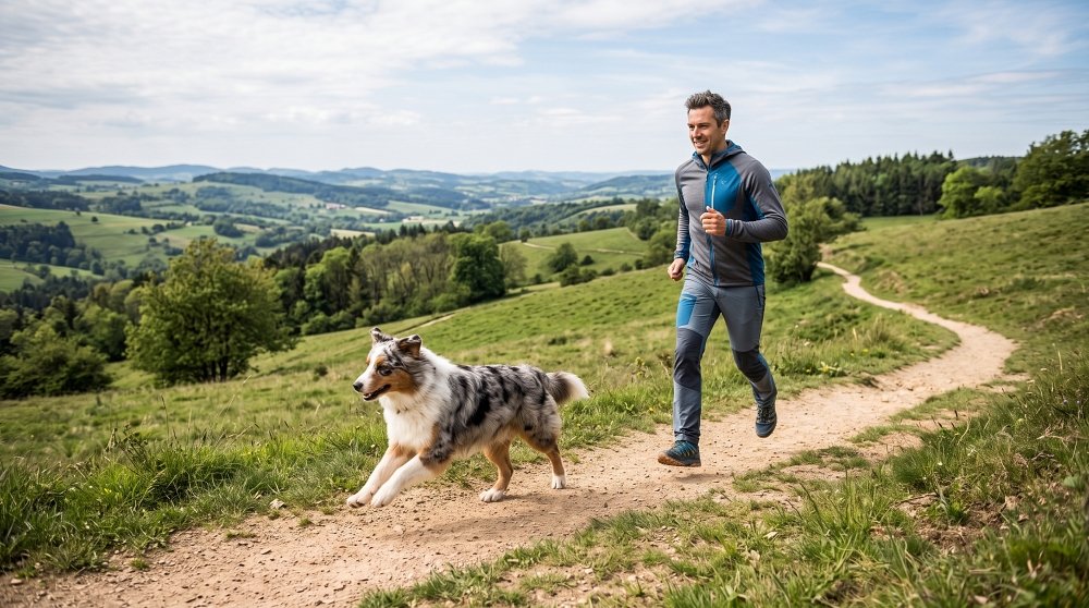 Man trail running with Australian Shepherd dog in nature
