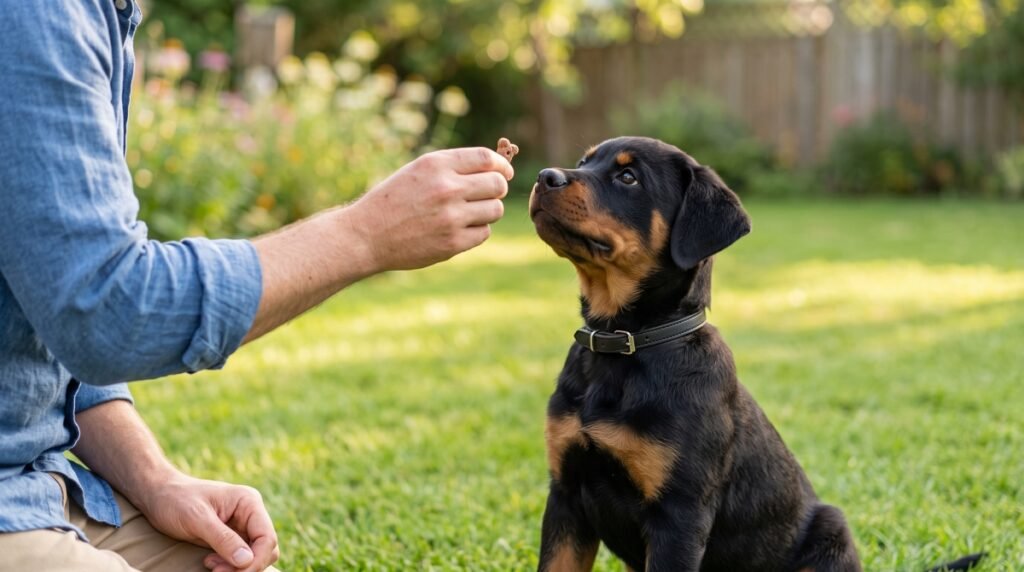 Man training a young Rottweiler puppy on a green lawn with a treat