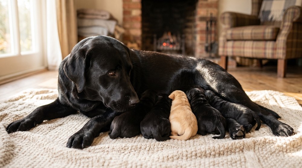 Mother black Labrador lying on a rug nursing a litter of newborn puppies